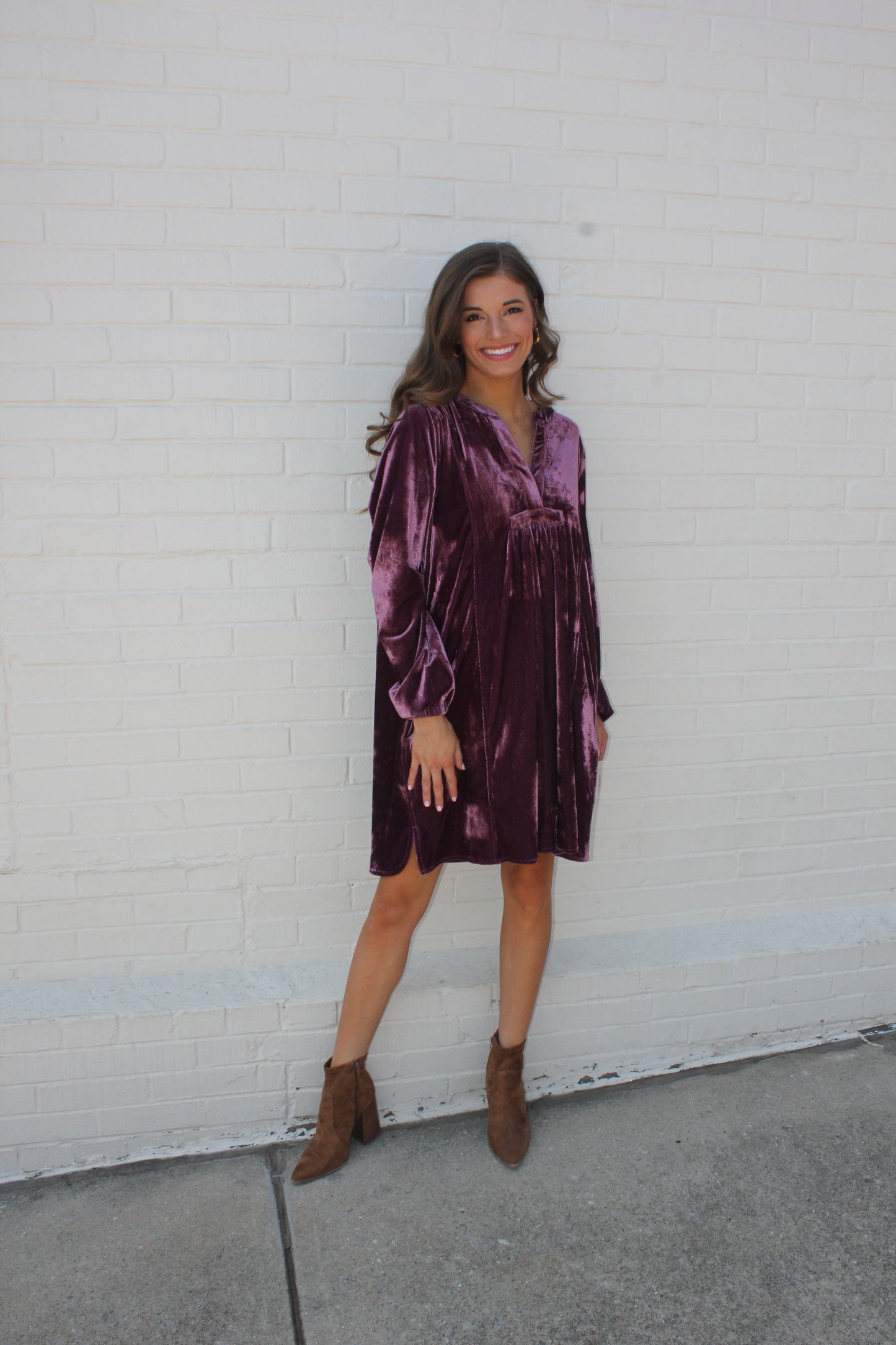 Plum Velvet V Neck Dress