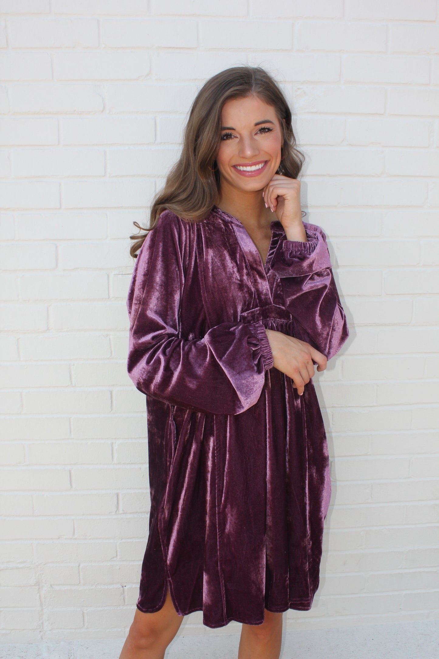 Plum Velvet V Neck Dress