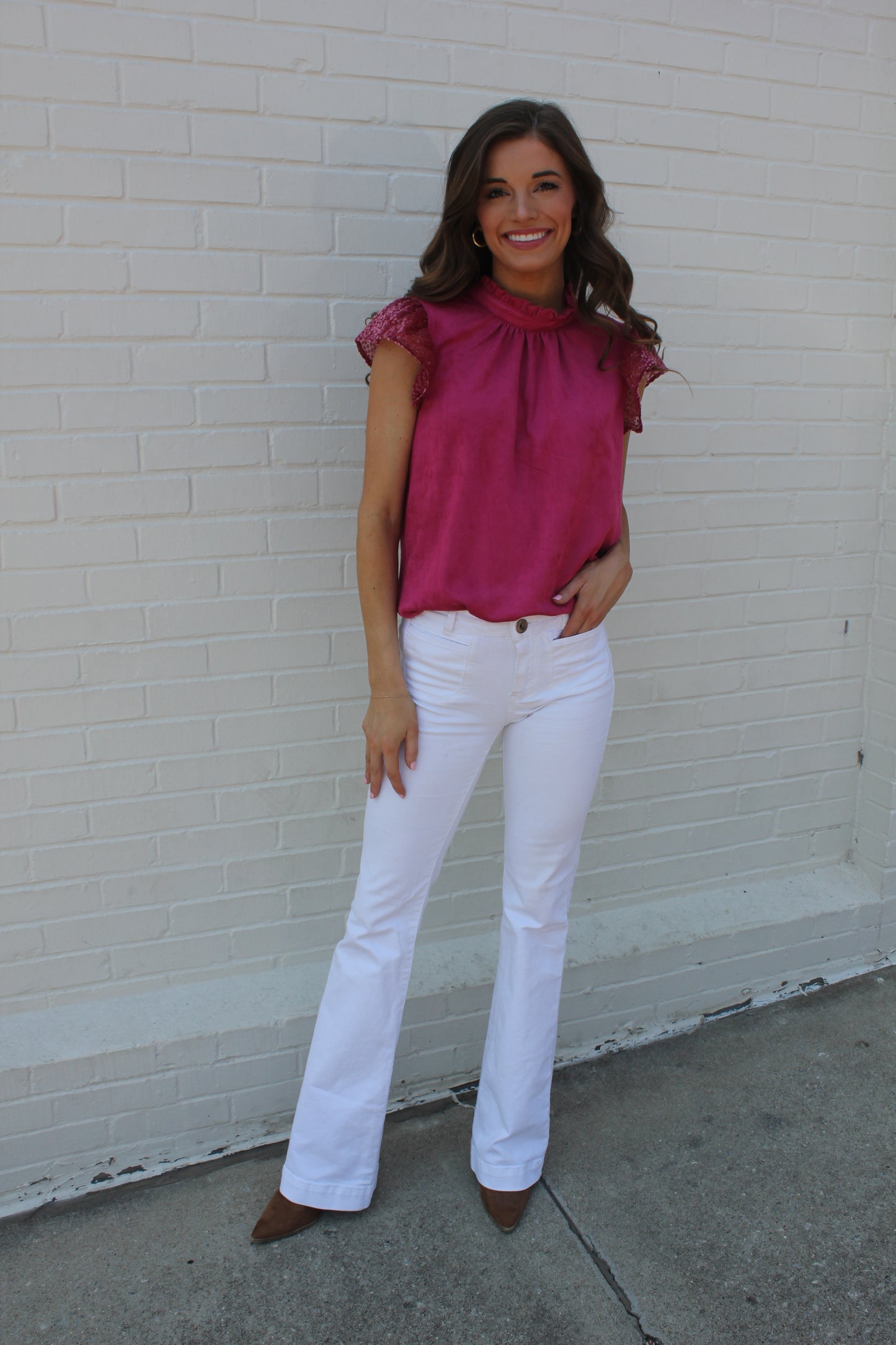 High Neck Suede Blouse- Raspberry