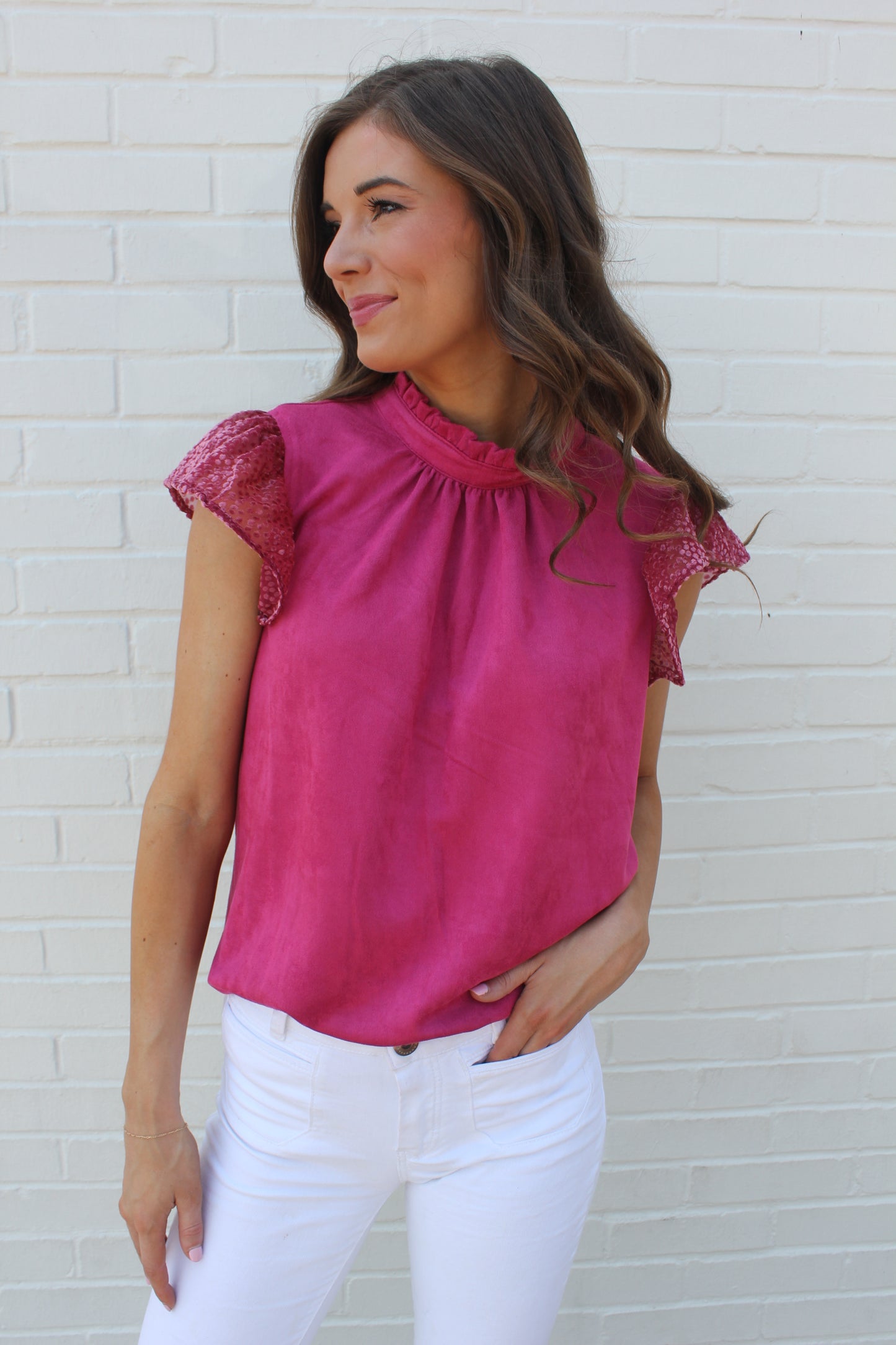 High Neck Suede Blouse- Raspberry