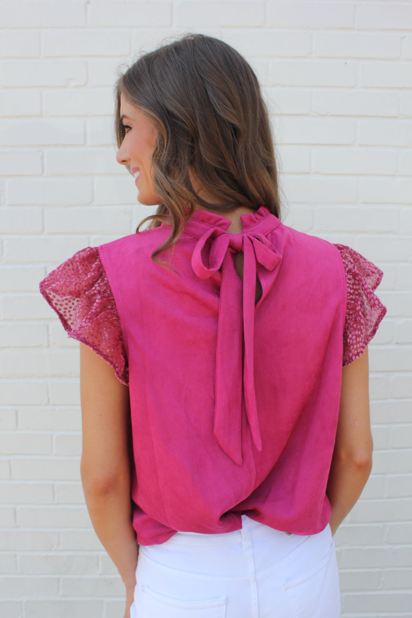 High Neck Suede Blouse- Raspberry