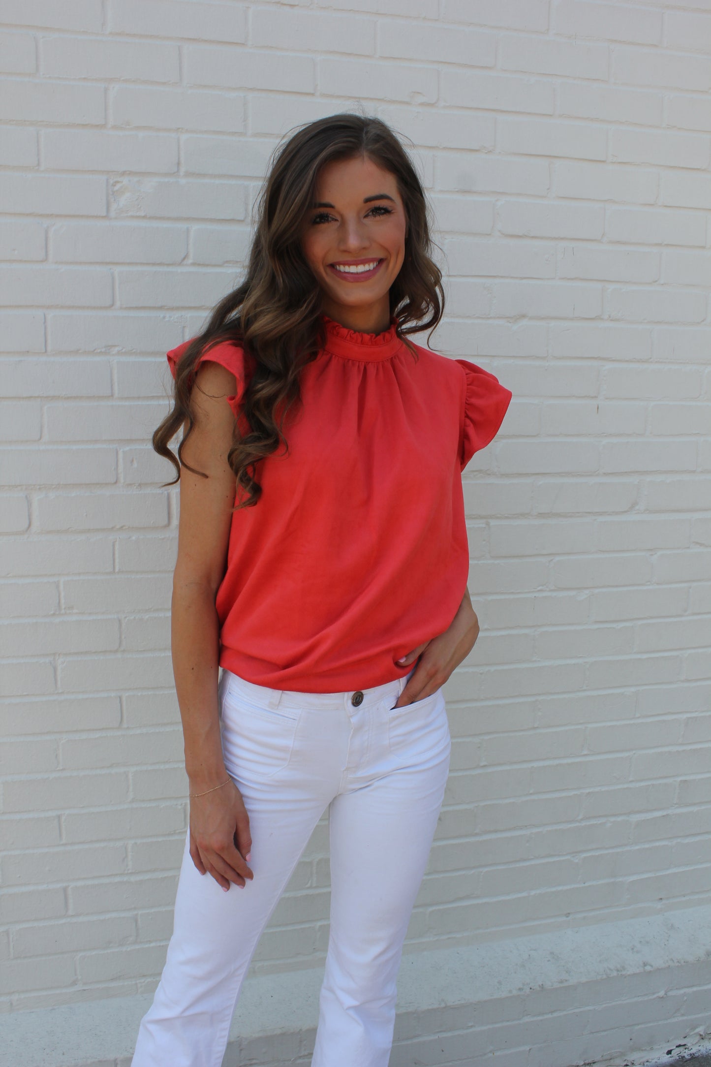 High Neck Suede Blouse- Orange