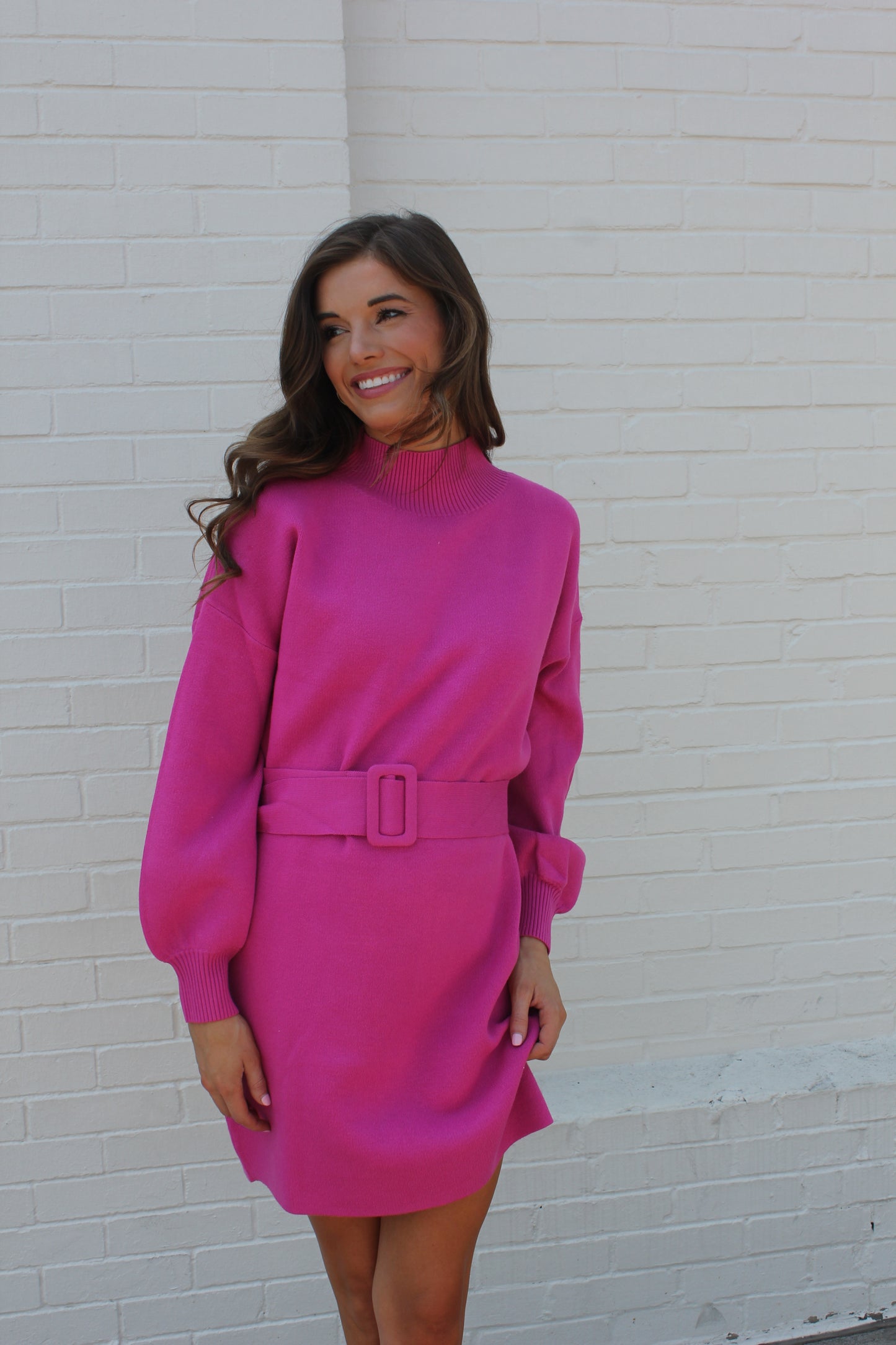 Hot Pink Belted Sweater Dress