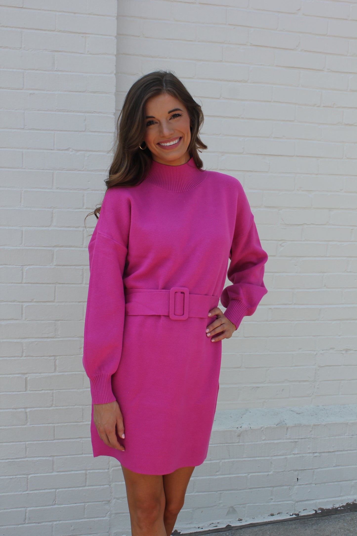 Hot Pink Belted Sweater Dress