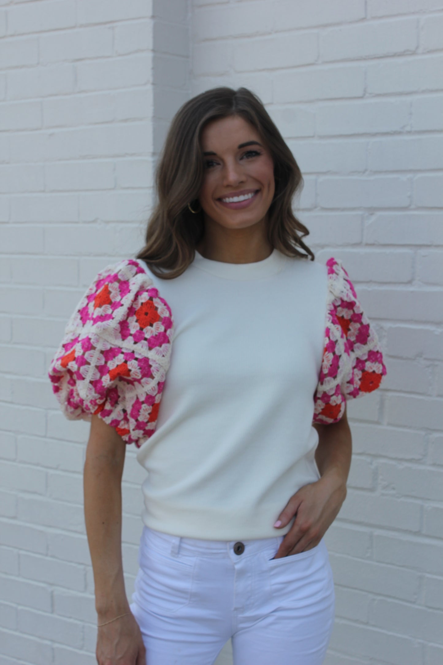 Cream Crochet Sleeve Top